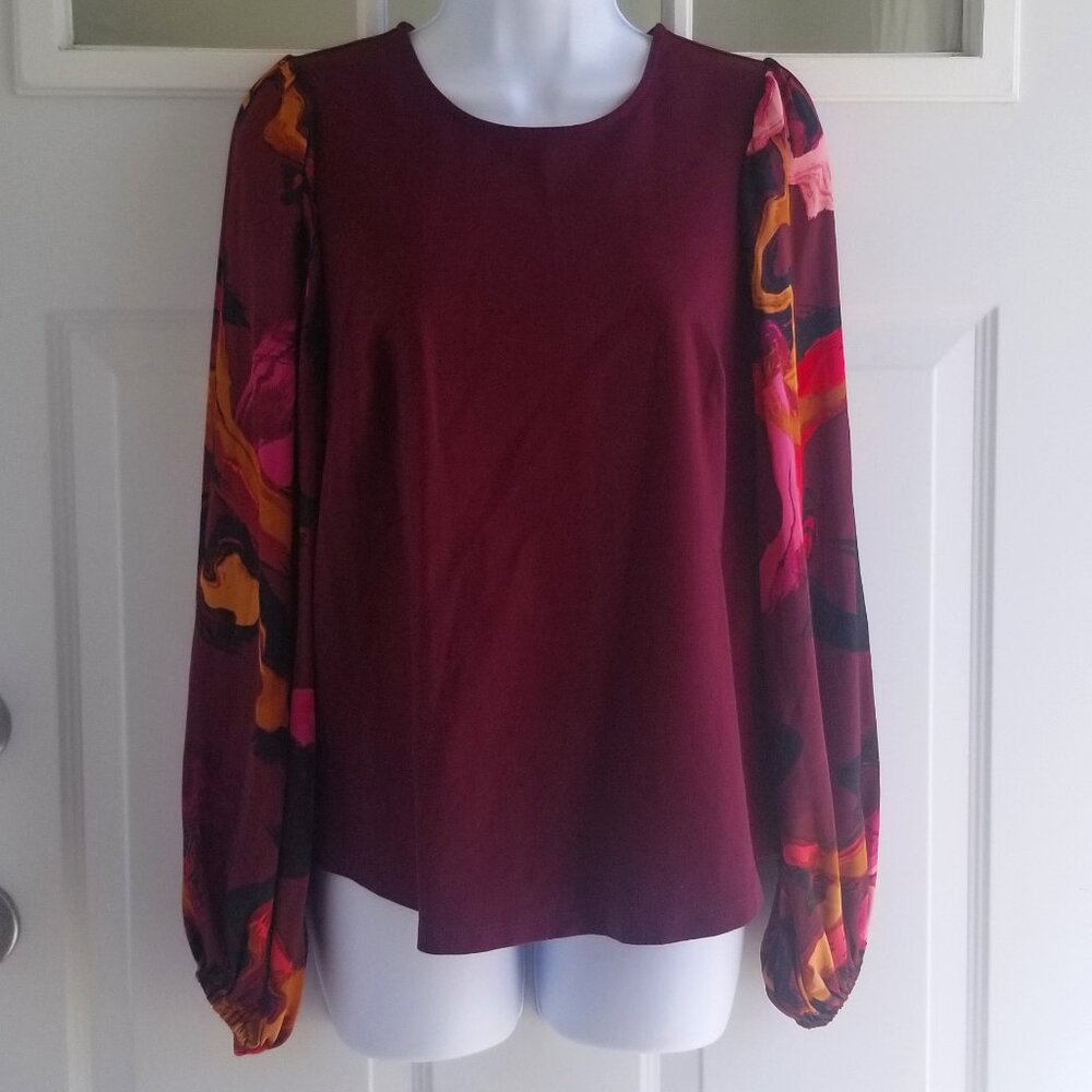 Nine West Puff-Sleeve Mixed Media Top | Sz. Medium